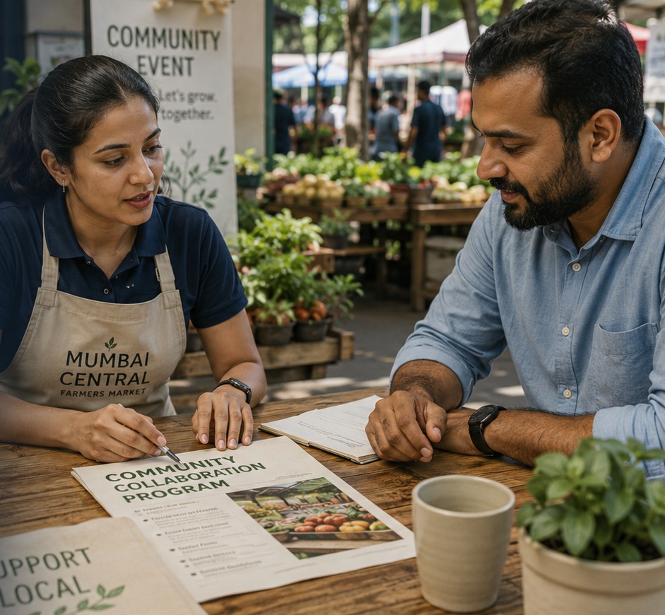 A Mumbai Central Farmers Market team member reviewing the community collaboration program with a local business owner