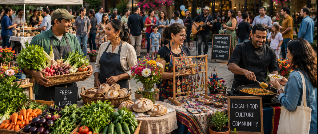 Neighbors, artisans, and performers gathered at a community market day