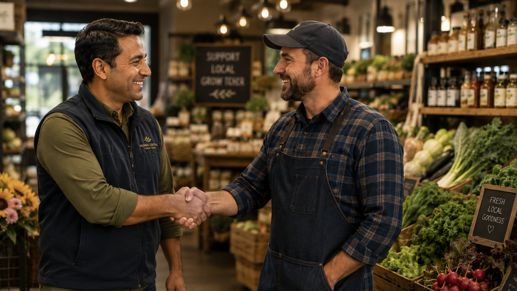 A Mumbai Central Farmers Market team member shaking hands with a local partner inside the market